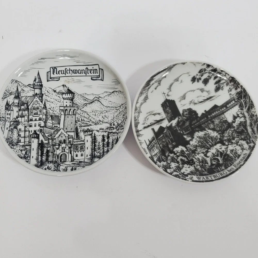 German Landmarks Coasters 4in Black White German Castle Porcelain Set‎